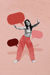 Naklejka premium Creative 3D photo collage trend artwork template of young lady dance smile party talk chat tag text bubble feedback attractive positive