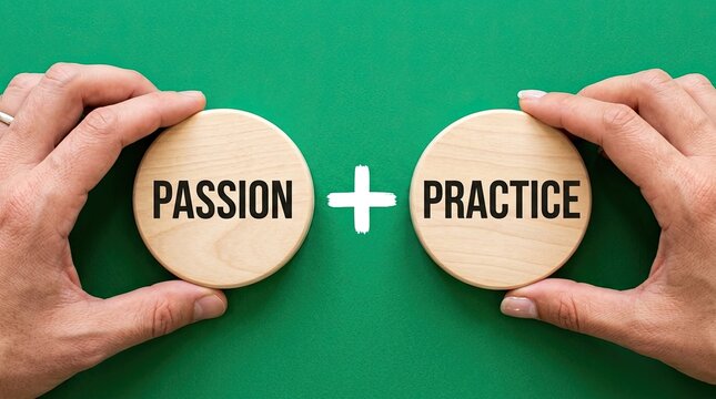 Hands holding wooden circles with the words passion and practice written on them to represent a successful career development strategy