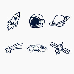 Space Exploration Doodle Set – Rocket, Astronaut Helmet, Saturn Planet, Shooting Star, Moon & Satellite Vector Illustrations © Hafiz