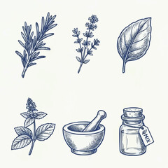 Herbal Apothecary Doodle Set – Rosemary, Thyme, Mint, Leaf, Mortar & Pestle, Medicine Bottle Vector © Hafiz