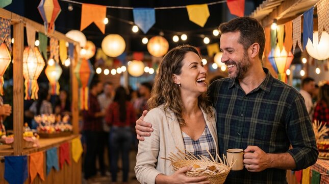 Casal adulto sorrindo em festa junina brasileira usando roupas neutras em ambiente iluminado por luzes decorativas