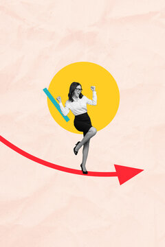 Template artwork 3D collage of success ambition leadership challenge motivation purpose young woman formalwear stand excited success win