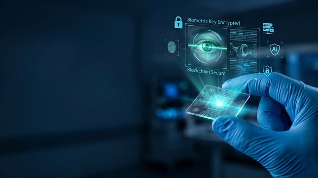 Biometric security hologram with iris scan and blockchain encryption over microchip.
