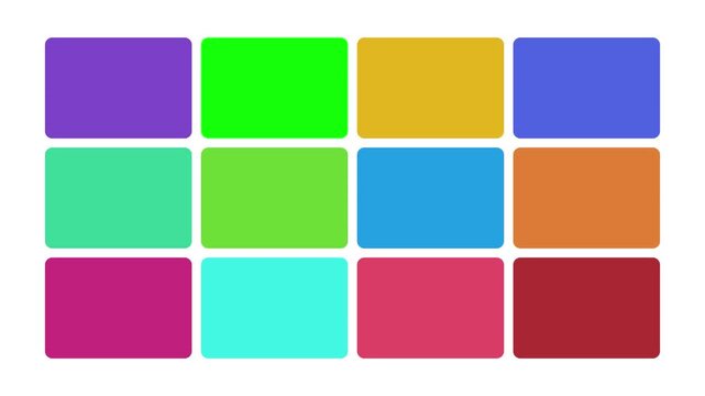 A dynamic grid of 12 rounded rectangles showcases vibrant, shifting colors. This modern abstract background offers an evolving palette for diverse creative design.
