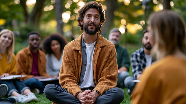 Behavioral psychologist facilitates outdoor nature-integrated therapy session, multicultural group of adults seated in a circle on grass, clipboards in laps, dappled forest light filtering through c