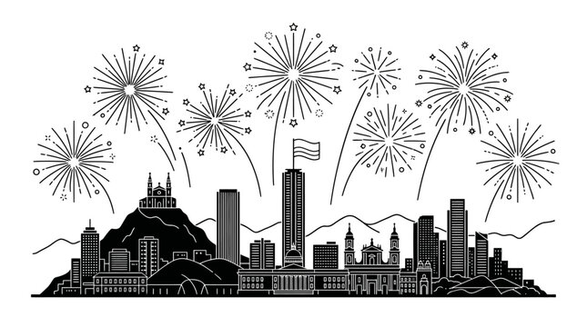 Black and white skyline of Montreal with fireworks illustration.
