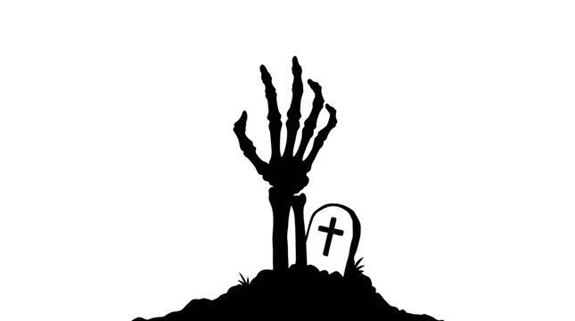 Black silhouette of a skeleton hand emerging from a grave with a tombstone.
