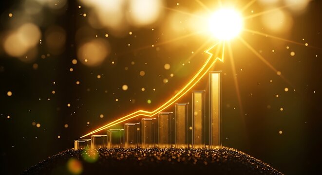 Financial growth bar graph glows with an upward arrow toward a bright golden sun. Macro shot with beautiful bokeh and sparkling particles. Ideal for corporate banking and success branding.