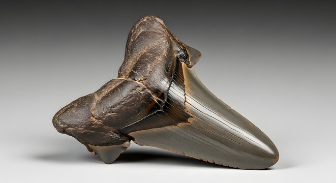 Fossilized Megalodon Shark Tooth Close Up Studio Shot.