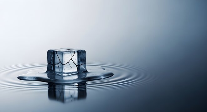 Close-up of Ice Cube Floating on Calm Water Creating Ripples