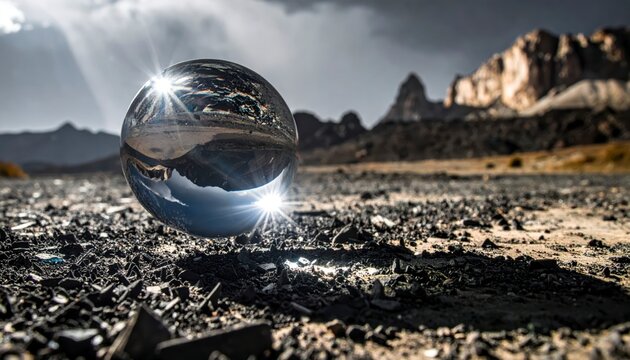 A cinematic polished chrome sphere hovers miraculously over a field of sharp obsidian shards in a desolate mountain landscape, creating a striking visual contrast between smooth and jagged edges.