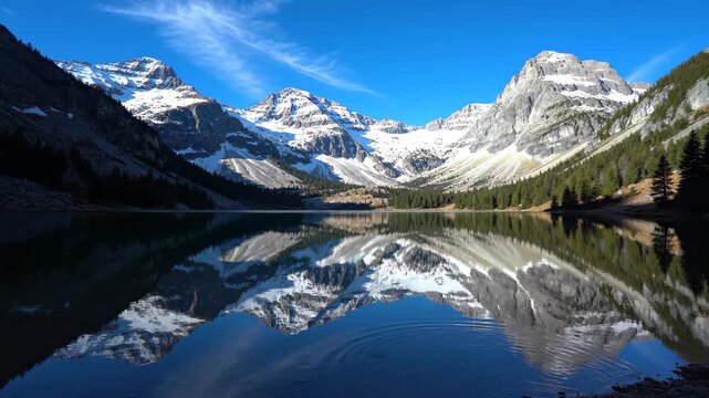 a still mountain lake with a near-perfect mirror reflection of snowy peaks and blue sky. Very slight edge ripple. No people, no boats. Natural light.