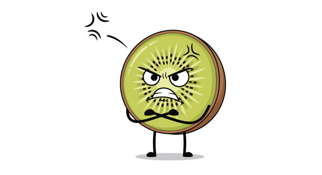 Grumpy kiwi slice character with a frowning face and arms crossed in an angry gesture showing a displeased and moody personality on white.