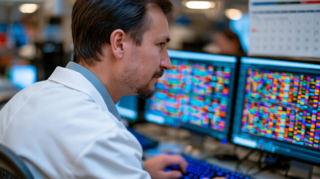 CRISPR lab over the shoulder view of scientist reviewing gene-sequence alignment software, colorful nucleotide columns filling dual monitors, wall calendar marking experimental timelines, sterile wh