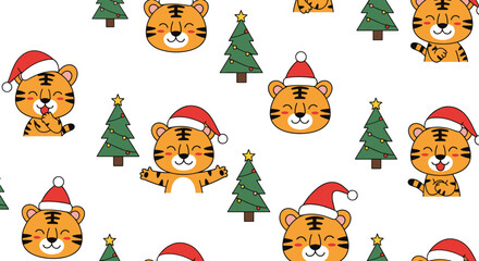 Fototapeta premium Seamless pattern of cute tiger heads wearing Santa hats mixed with green and white decorated christmas trees on a clean white background.