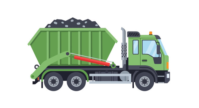 Green Roll-Off Dump Truck Illustration, Heavy-Duty Hook Lift Waste Management Vehicle with Full Container for Construction and Recycling