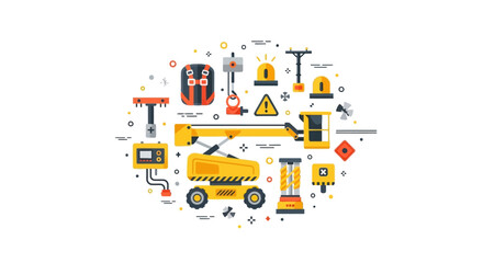 Fototapeta premium Flat Vector Illustration of Aerial Work Platform Boom Lift with Construction Safety Equipment Icons and Symbols