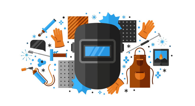 Welding Equipment and Safety Gear Flat Vector Illustration Set with Mask, Gloves, Apron, and Metalworking Tools