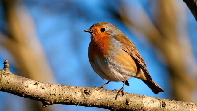 European Robin bird singing on a tree branch with blue sky background. Close-up of wildlife in nature during spring