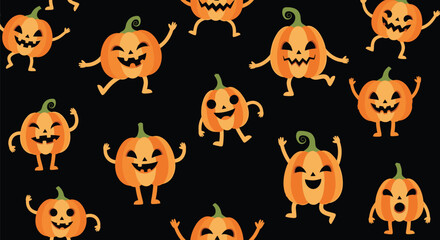 Fototapeta premium Fun seamless pattern of happy cartoon pumpkin characters with faces and legs dancing on a black background for Halloween.