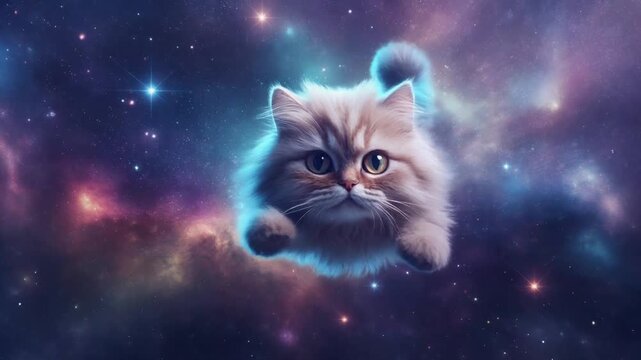 Cute Fluffy Kitten Floating Through Colorful Cosmic Galaxy Nebula in Outer Space, Dreamy Full HD Motion Background