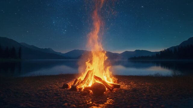 Atmospheric Campfire Burning on Lake Shore at Night with Starry Sky and Mountains Background, Cinematic Full HD Motion Video