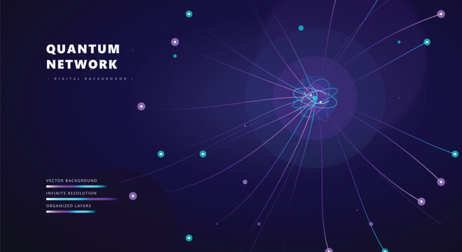 Quantum network digital background featuring a central atomic nucleus structure with radiating fiber optic lines and data particles in purple.