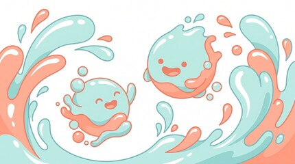 Obraz premium Two cartoon jellyfish swim playfully in ocean waves with water splashes.