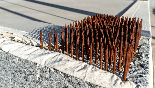 A cinematic widescreen capture of a dense cluster of weathered, rusted iron nails piercing through a thick piece of white canvas fabric, creating a sharp and industrial texture on a gray stone surface