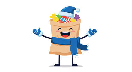 Fototapeta premium Happy brown bag filled with colorful candies wearing a blue winter hat and scarf with open arms in celebration.