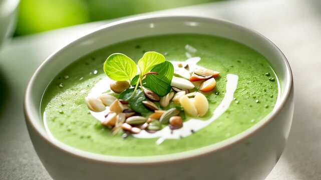 Fresh green soup garnished with seeds and herbs in a ceramic bowl on a sunlit table