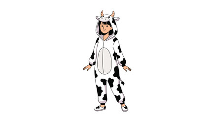 Obraz premium Young girl wearing a black and white spotted cow onesie costume is standing and smiling on a white background.
