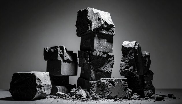 Cinematic composition of stacked dense graphite blocks resembling dark crumbling towers against a moody background, capturing raw texture and industrial weight in a sophisticated monochromatic study.