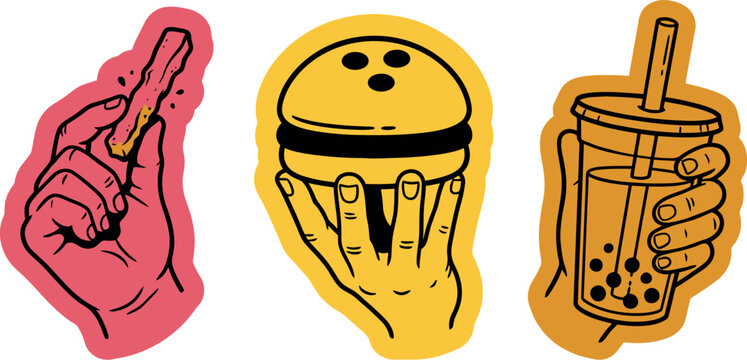 Retro hand holding food sticker set with churro burger and bubble tea for street food restaurant and cafe branding, transparent background