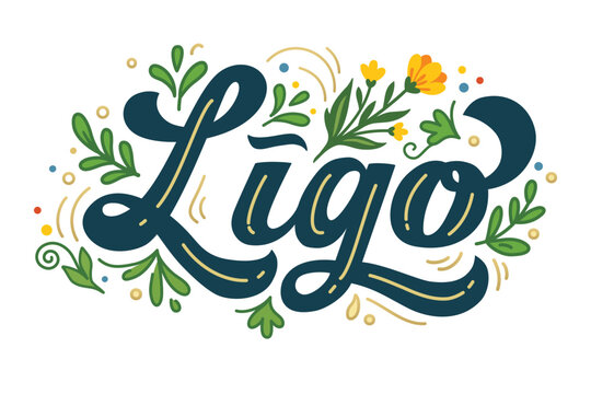 Ligo Midsummer Celebration Hand Lettering with Green Leaf Ornaments and Botanical Elements on White Background, Traditional Baltic Summer Solstice Holiday Festive Decorative Folk Art Design