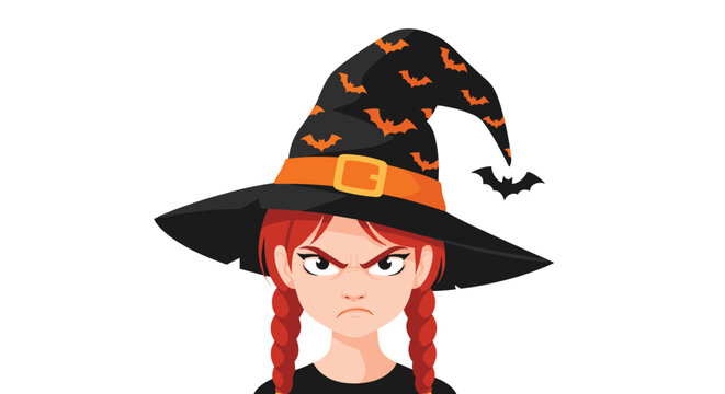 Angry young girl with red braids dressed as a witch for halloween with a small bat flying near her tall pointed hat.