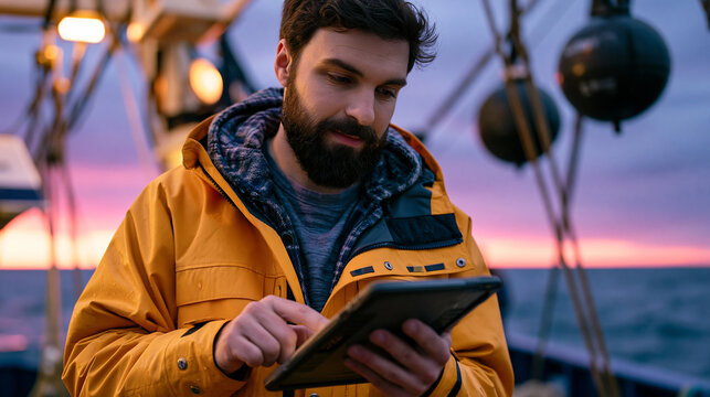 Ocean research vessel deck at dawn, oceanographer logs coordinates into a waterproof field tablet, rigging and sonar buoys framing the shot, horizon glowing violet and pink, ideal for oceanography, 