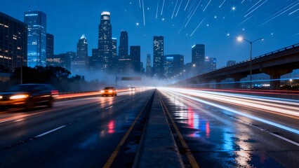Fototapeta premium Night city highway with traffic and skyline