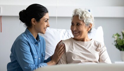 Obraz premium Young woman comforts elderly woman in a hospital bed, smiles shared, care displayed