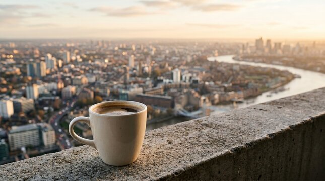 Hot Coffee Mug on Balcony Overlooking London Skyline at Sunset