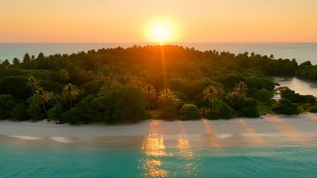 Serene sunset island with golden palm fringe and turquoise waters trees