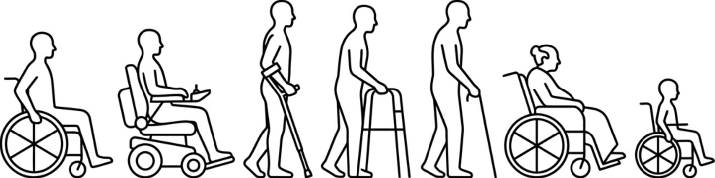 Disability mobility aid icons set showing wheelchair users cane walker and crutch users for inclusive accessibility design