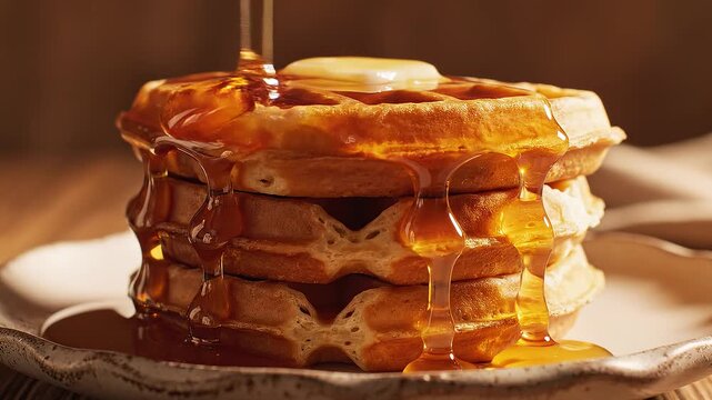 Maple Syrup Pouring Over a Stack of Fresh Waffles