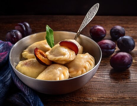 sweet plum dumplings in metal bowl on wooden table homemade dessert with dough and plums