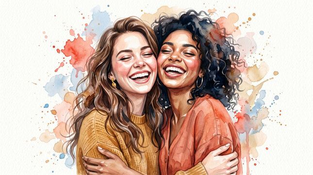 Joyful friendship portrait of smiling multicultural women with watercolor artistic background celebrating happiness and bonding