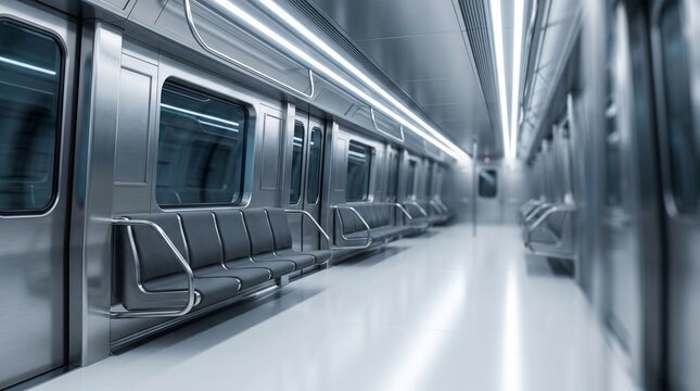 Modern empty subway train interior with steel seats and lighting at night