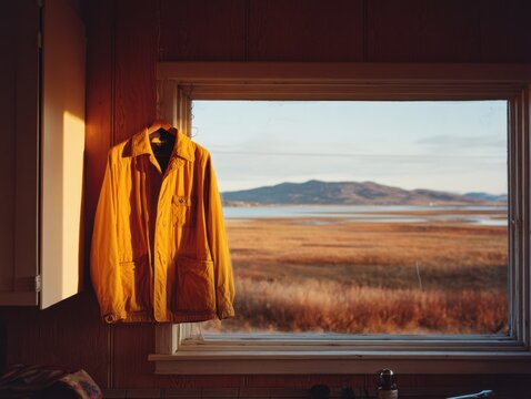 Cozy Orange Jacket Hangs by Window Overlooking Autumn Landscape.