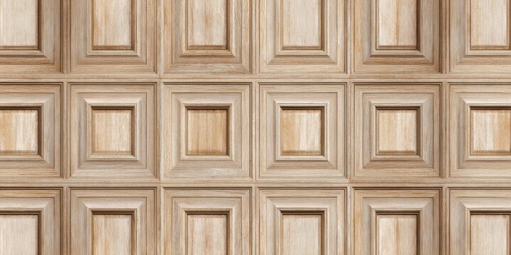 Detailed Close-up of a Coffered Wood Ceiling with Repeating Square Patterns.