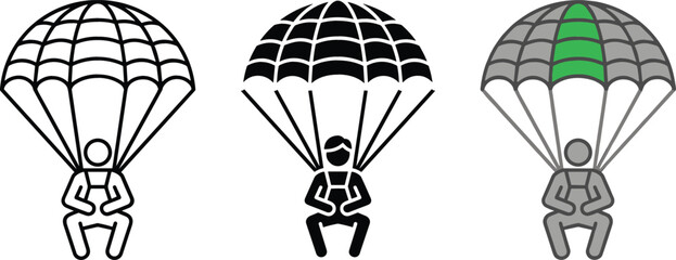 Skydiving and Paragliding Icon Set Featuring Parachutist Figures in Outline, Solid, and Textured Styles for Extreme Sports, Adventure Travel, and Outdoor Activity Designs © Md shain