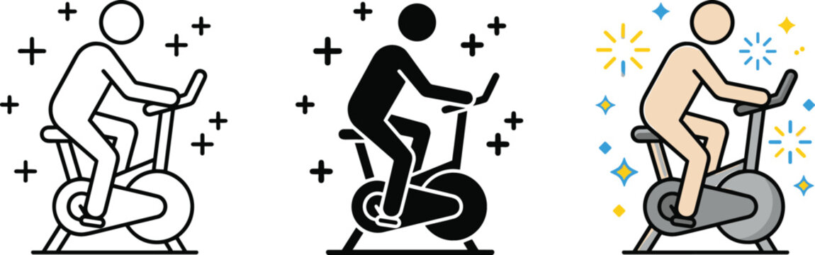 Stationary Exercise Bike Icon Set for Fitness Training, Gym Workouts, Indoor Cycling Classes, and Health Wellness Vector Graphic Designs